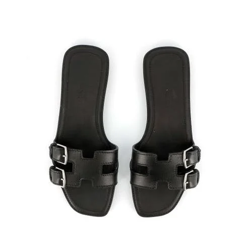 Black Leather Hermes Sandals
