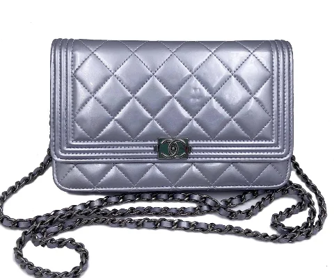 Silver Leather Chanel Wallet On Chain