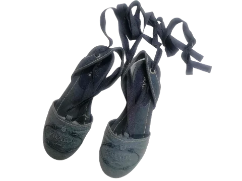 Navy Linen Prada Flat Shoes